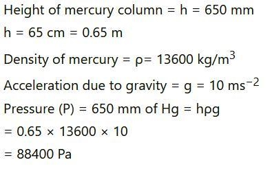 The atmospheric pressure at a place is 650 mm of Hg. Convert this pressure into pascals-example-1