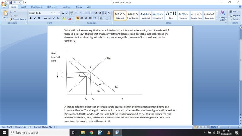 The economy begins in equilibrium at Point E, representing the real interest rate-example-1