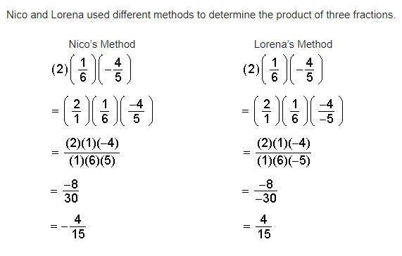 Nico and Lorena used different methods to determine the product of three fractions-example-1