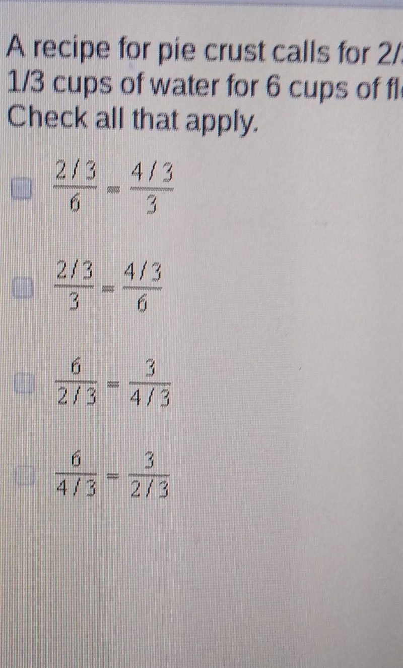 A recipe for pie crust calls for 2/3 cip of water for every 3 cups of flour. If you-example-1