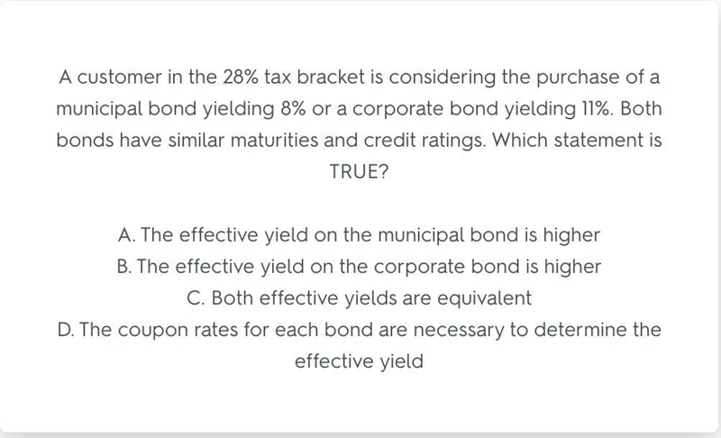 A customer in the 28% tax bracket is considering the purchase of a municipal bond-example-1