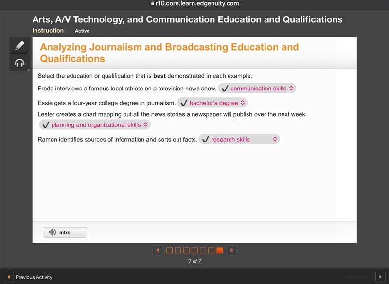 Select the education or qualification that is best demonstrated in each example. Freda-example-1