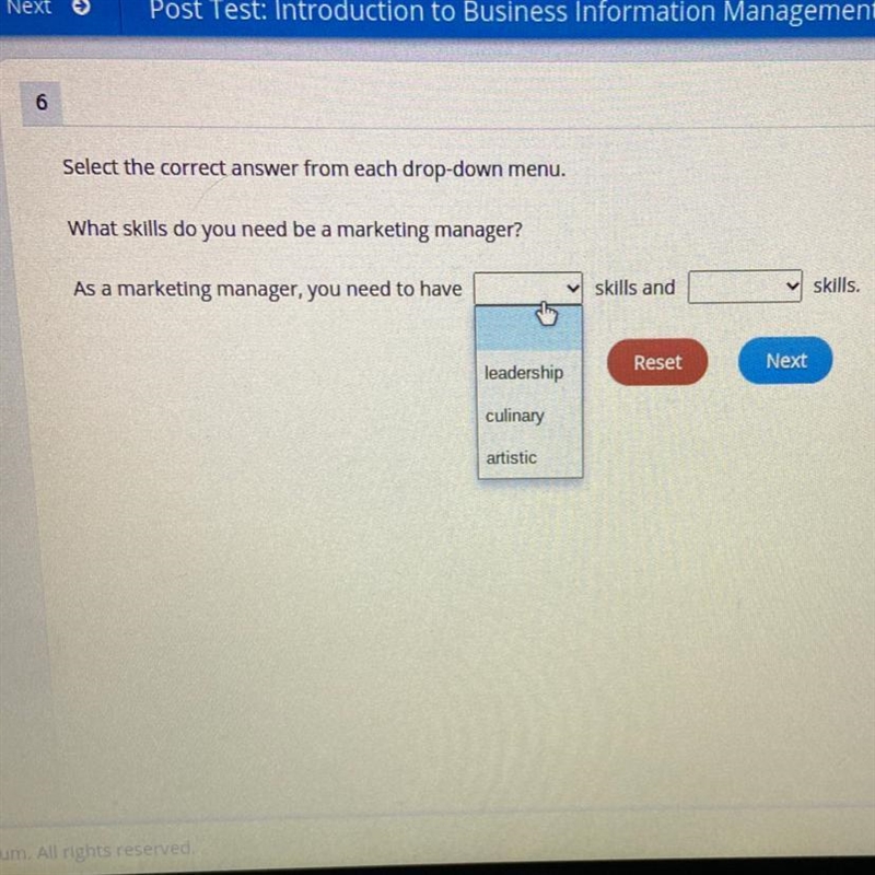 Select the correct answer from each drop-down menu. What skills do you need be a marketing-example-1