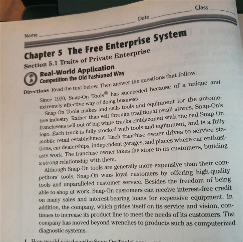 HELP PLEASE Q1 How would you describe Snap-On Tools' competitive strategy? Does it-example-1