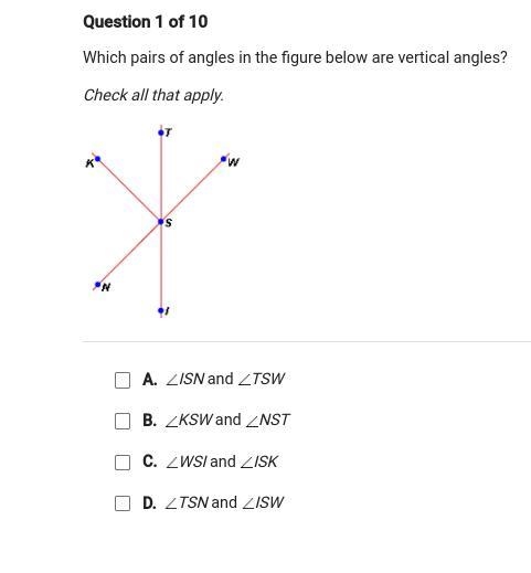 WHICH PAIRS OF ANGLES IN THE FIGURE BELOW ARE VERTICAL ANGLES?-example-1