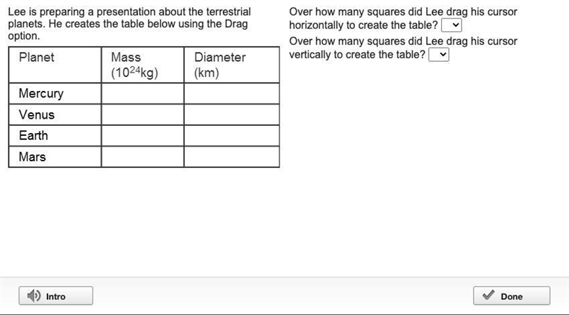 Lee is preparing a presentation about the terrestrial planets. He creates the table-example-1