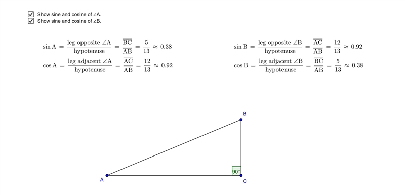 Look at ∆ABC and the definitions of sin A and cos A in terms of the side lengths of-example-1