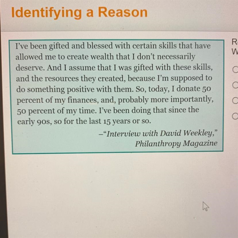 Read the excerpt from an interview with David Weekley. What is the author’s reason-example-1