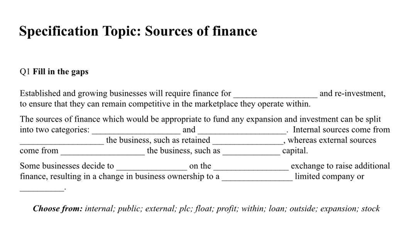 Sources of finance There is words that you can choose-example-1