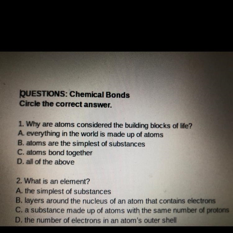 1. Why are atoms considered the building blocks of life?-example-1