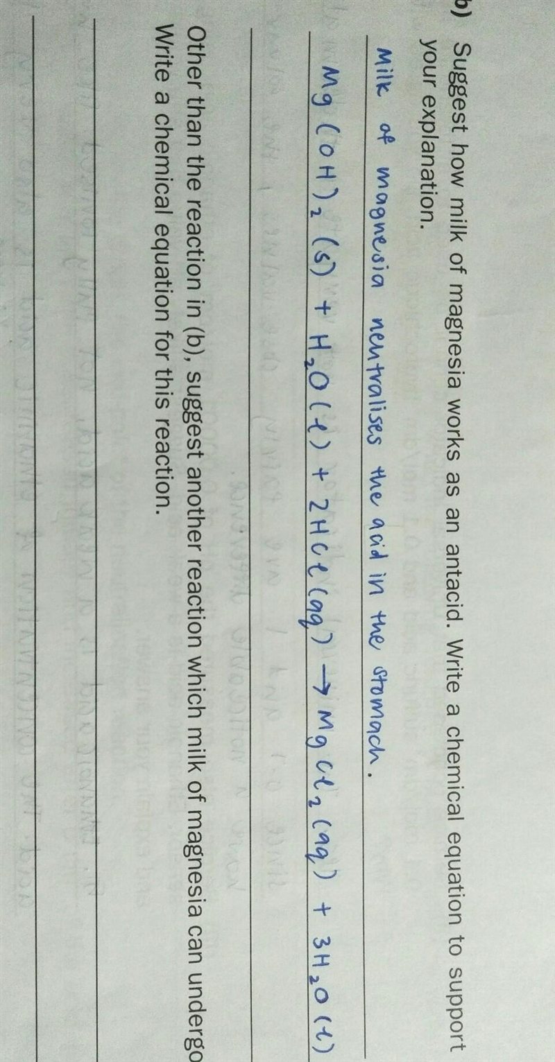 Other than the reaction in (b), suggest another reaction which milk of magnesia can-example-1