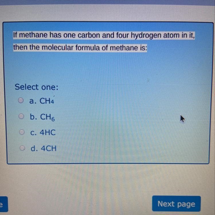 Please help me with chem! if nothing has one carbon and four hydrogen atom in it, and-example-1