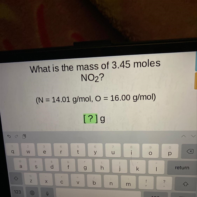 What is the mass of 3.45 moles NO2? (N = 14.01 g/mol, O = 16.00 g/mol)-example-1