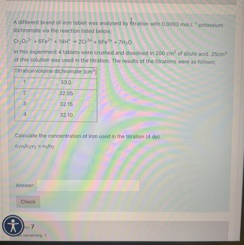 A different brand of iron tablet was analysed by Hitration with 0.0093 mol.L&quot-example-1