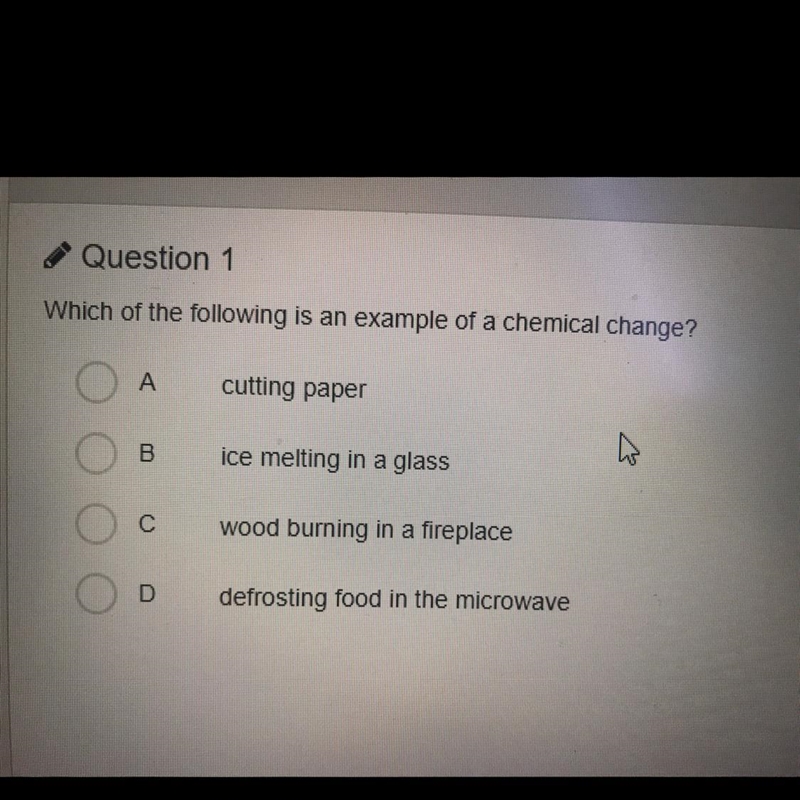 HELP!!! Which of the following is an example of a chemical change? А cutting paper-example-1