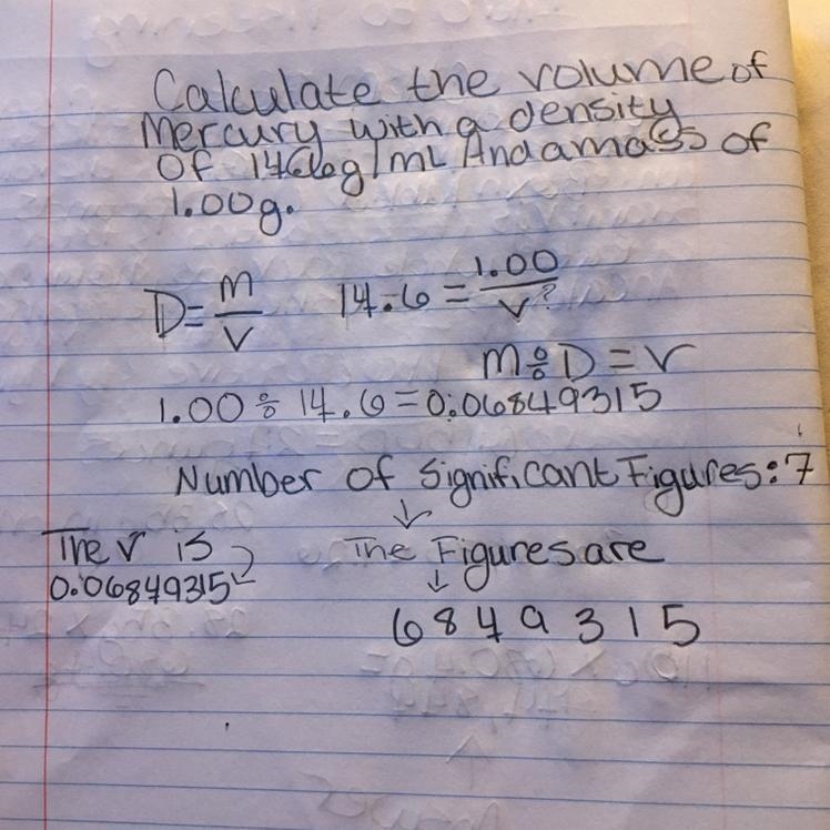 Calculate the volume of mercury with a density of 14.6 g/mL and a mass of 1.00 g. Please-example-1