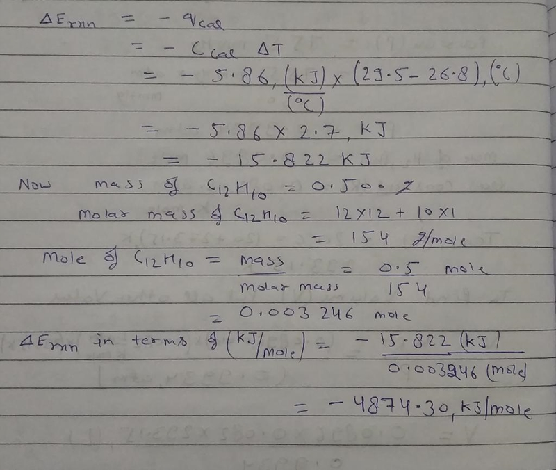 Part A Find ΔErxn for the combustion of biphenyl. The heat capacity of the bomb calorimeter-example-1