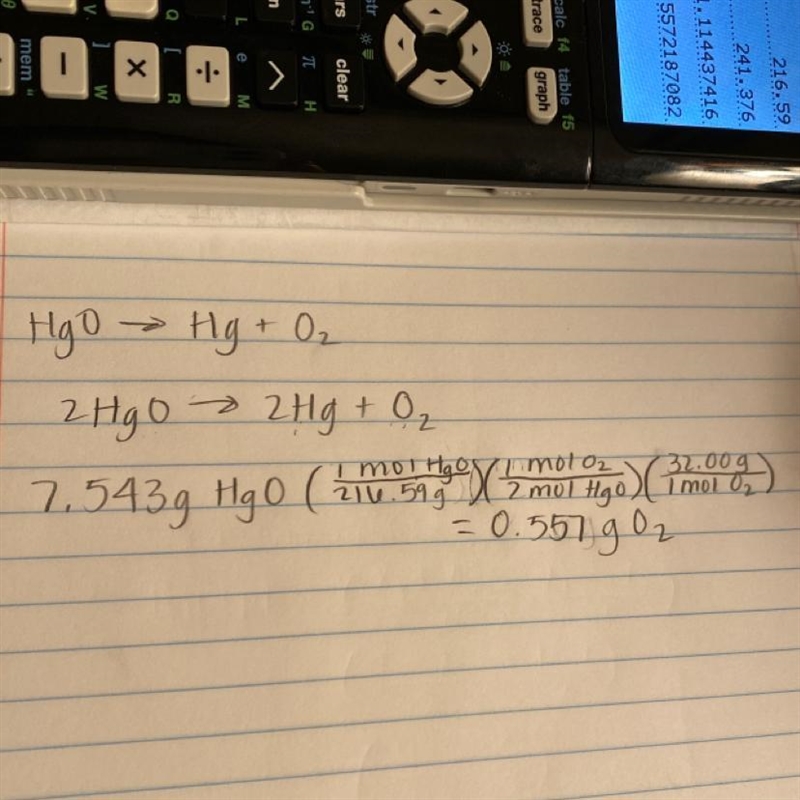 Question 15 4 pts Using the equation: HgO --> Hg + O2 If 7.543 grams of HgO decompose-example-1