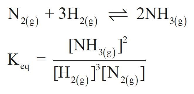 Consider the following chemical equilibrium: N2(g) + 3H2(g) ⇌ 2NH3 Now write an equation-example-1