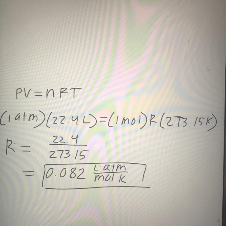 Given that one mole occupies 22.4 L at STP, show that R = .082 (atm * L)/(mol*K)-example-1