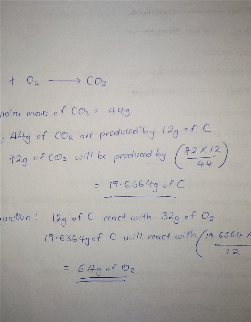 In the reaction C + O2 → CO2, 18 g of carbon react with oxygen to produce 72 g of-example-1