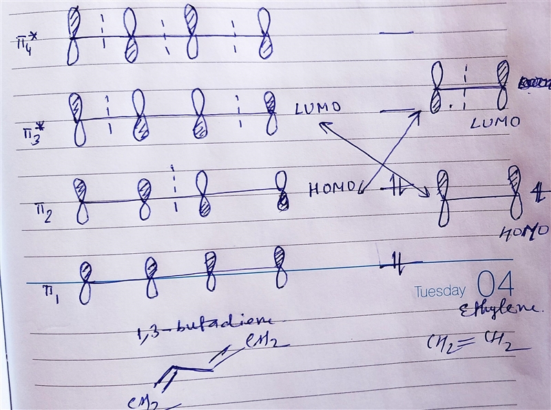 Identify the MOs that react to form cyclohexene. HOMO of 1,3-butadiene and LUMO of-example-1