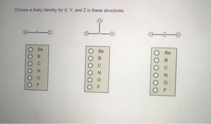 Choose a likely identity for X, Y, and Z in these structures. A central X atom is-example-1