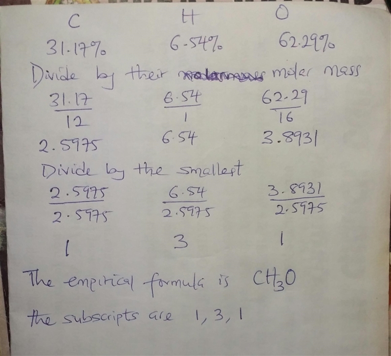 Consider a compound that is 31.17% C, 6.54% H, and 62.29% O by mass. Assume that we-example-1