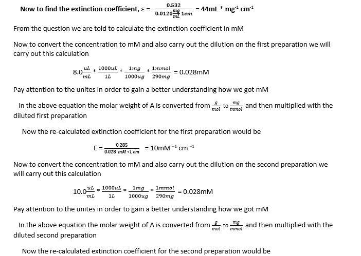 Calculate the extinction coefficient where the concentration is in mg/ml and the path-example-4