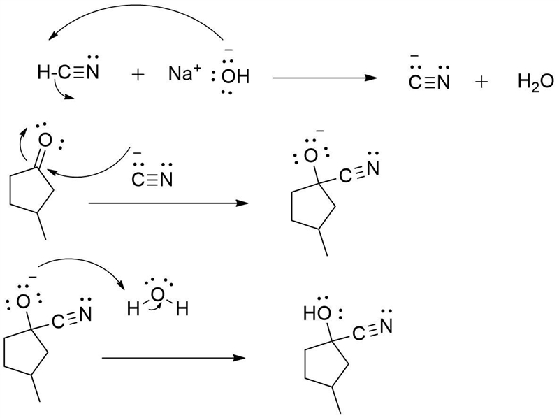 Draw the curved arrow mechanism for the addition of HCN in water with NaOH to 3-methylcyclopentan-example-1