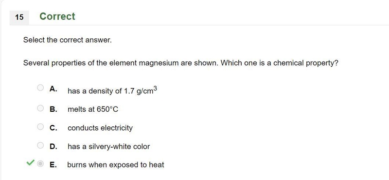 Several properties of the element magnesium are shown. Which one is a chemical property-example-1