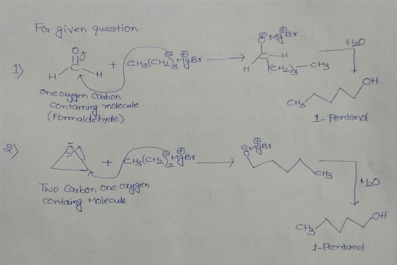 1-Pentanol can be made via two different Grignard reactions: one using a one-carbon-example-1