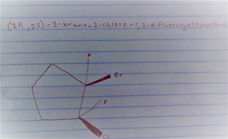 Draw every stereoisomer for 1-bromo-2-chloro-1,2-difluorocyclopentane. Use wedge-and-example-1