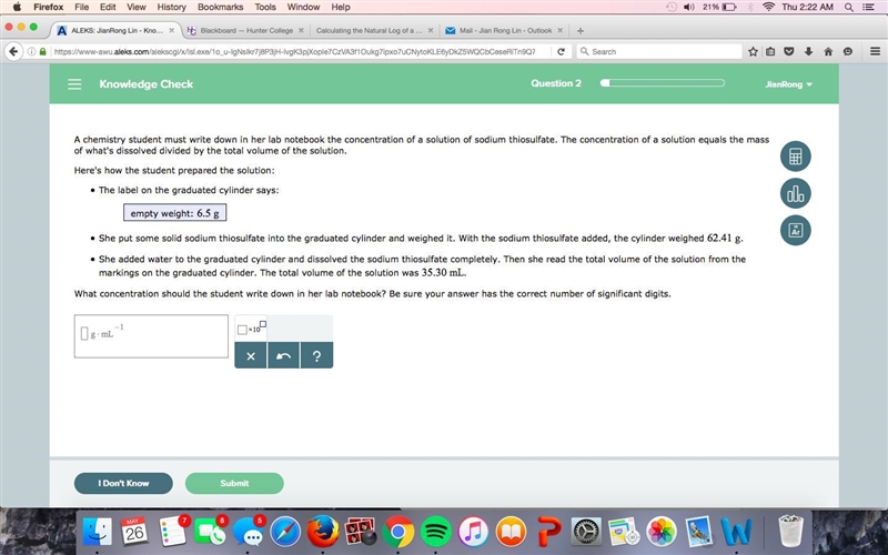 A chemistry student must write down in her lab notebook the concentration of a solution-example-1