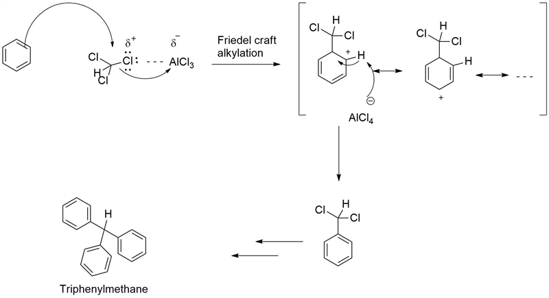 Triphenylmethane can be prepared by reaction of benzene and chloroform in the presence-example-1