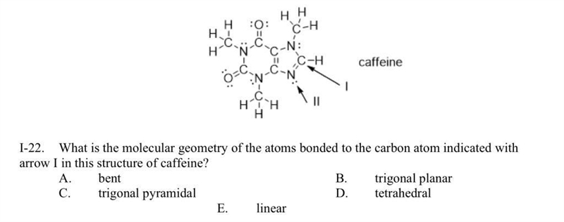 What is the molecular geometry of the atoms bonded to the carbon atom indicated with-example-1