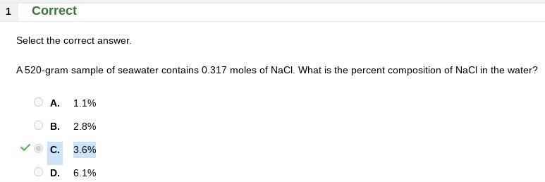 A 520-gram sample of seawater contains 0.317 moles of NaCl. What is the percent composition-example-1