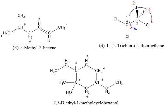 For each name, draw the structure. a) (E)-5-Methyl-2-hexene b) (S)-1,1,2-Trichloro-example-1