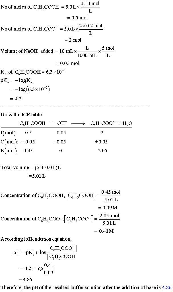 An aqueous solution has [C6H5COOH] = 0.110 M and [Ca(C6H5COO)2] = 0.200 M. Ka = 6.3 × 10-5 for-example-1