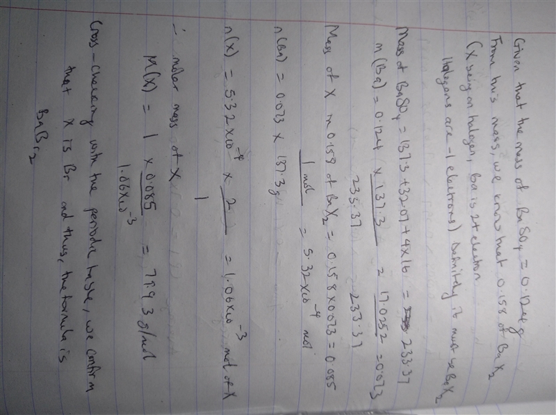 0.158g of barium halide is completely reacted with H2So4 and 0.124g of BaSO4 is collected-example-1