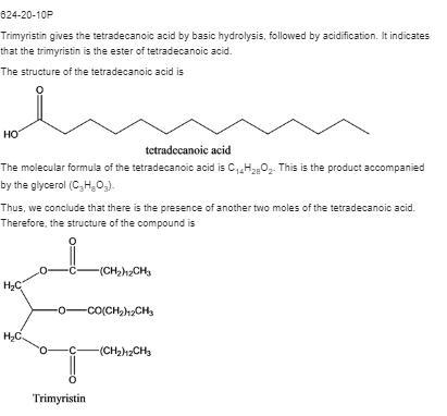 Trimyristin is obtained from coconut oil and has the molecular formula C45H85O5. On-example-1