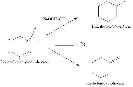 When 1-iodo-1-methylcyclohexane is treated with NaOCH2CH3 as the base, the more highly-example-1