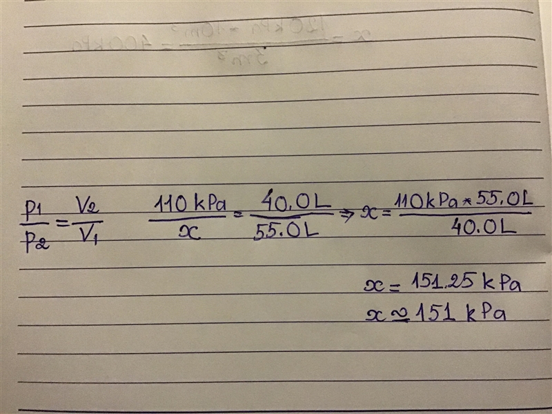 At a pressure of 110.0 kPa, a sample of a gas has a volume of 55.0 liters. What pressure-example-2