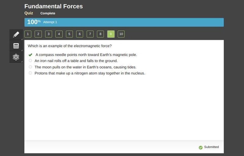 Which is an example of the electromagnetic force? - A compass needle points north-example-1