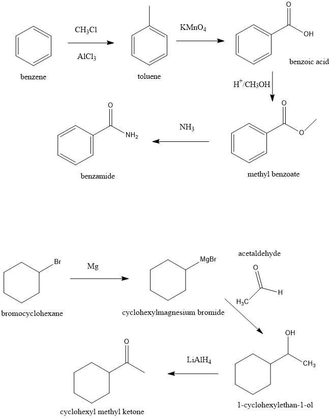 10. Show as many ways as you can think of: a) to make benzamide from benzene; b) to-example-1