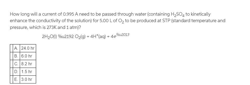 How long will a current of 0.995 A need to be passed through water (containing H2SO-example-1