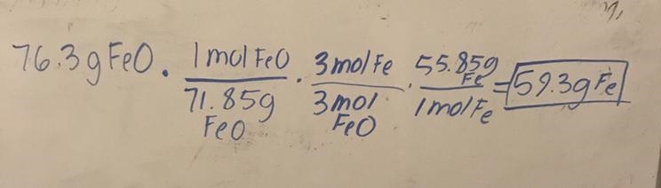 How many grams of Fe are produced from 76.3 g of FeO given the reaction 3FeO-example-1