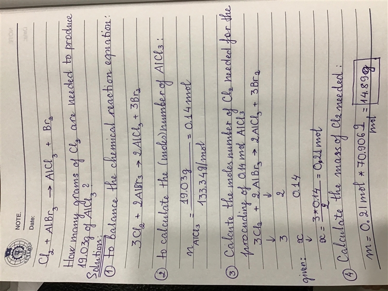 Cl2 + AlBr3 → AlCl3 + Br2How many grams of Cl2 are needed to produce 19.03g of AlCl-example-1