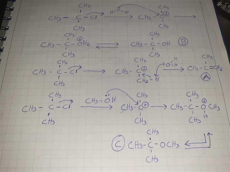 Treating (CH3)3C-Cl with a mixture of H2O and CH3OH at room temperature would yield-example-1