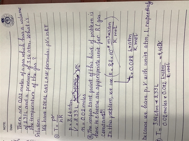 There are .02 moles of a gas which has a volume of 2.33 L and a pressure of 3.14 atm-example-1